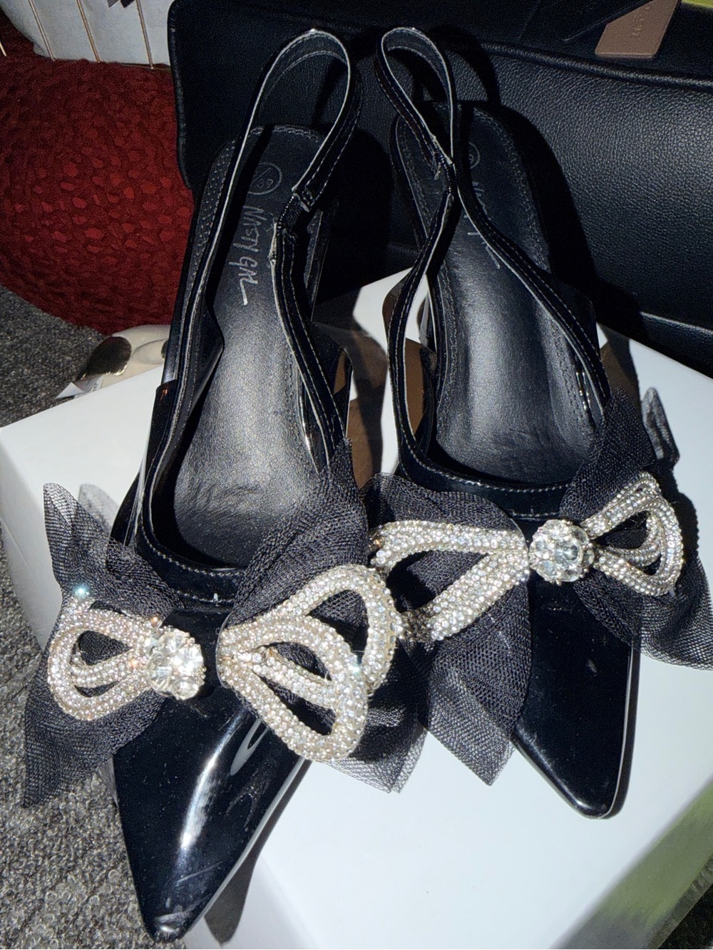 Nasty Gal Black Patent Pointed Slingback Heels with Crystal Bow